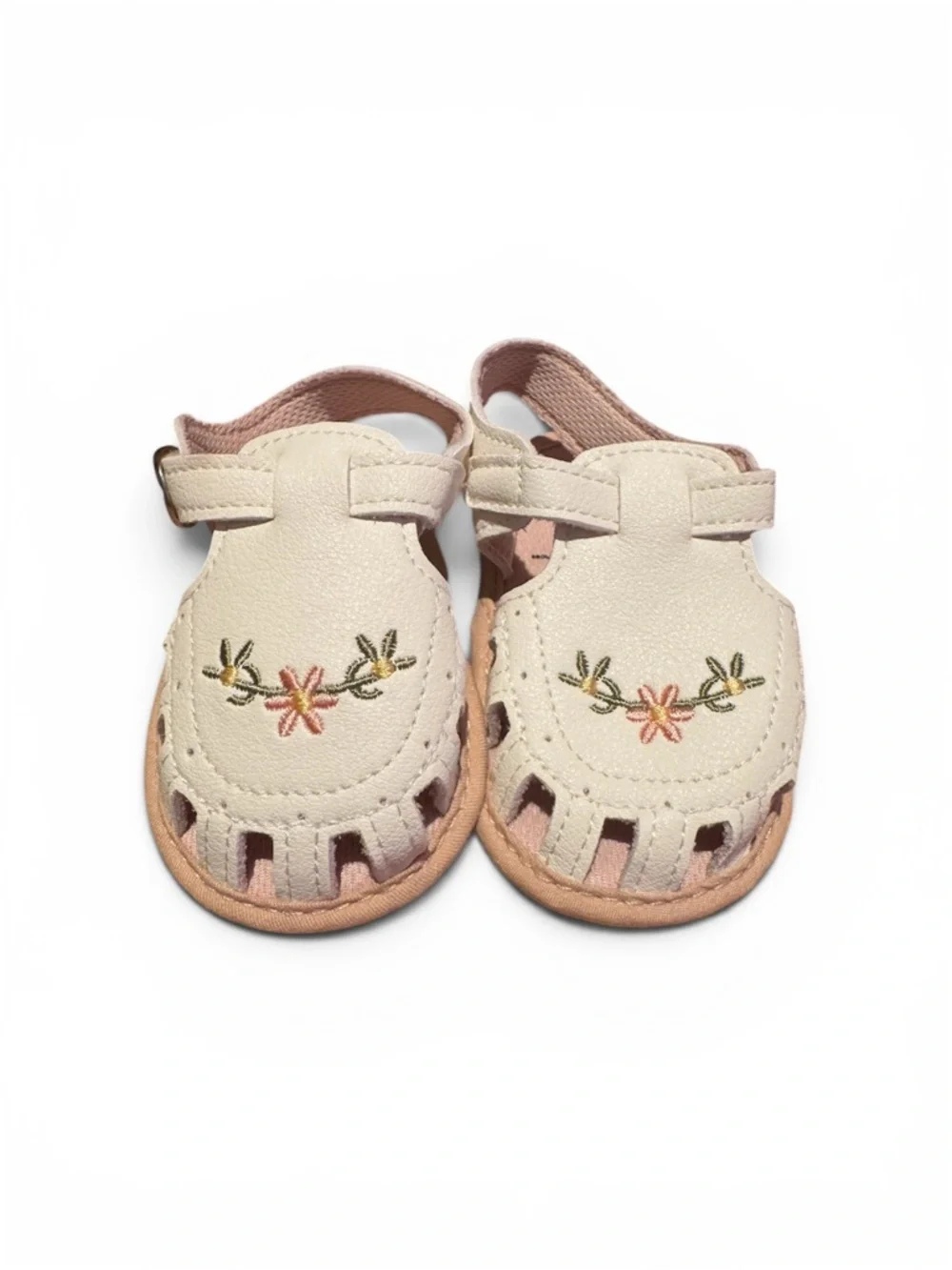 Kids Cream & Pink Floral Embroidered Sandals